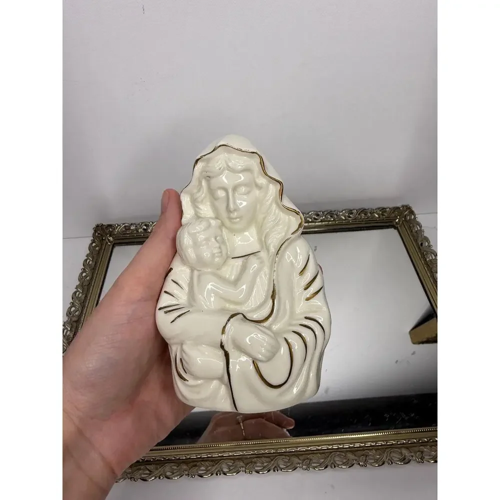 VTG MIKASA Madonna with Child Porcelain 5” Tall Figurine Ivory w/Gold Trim